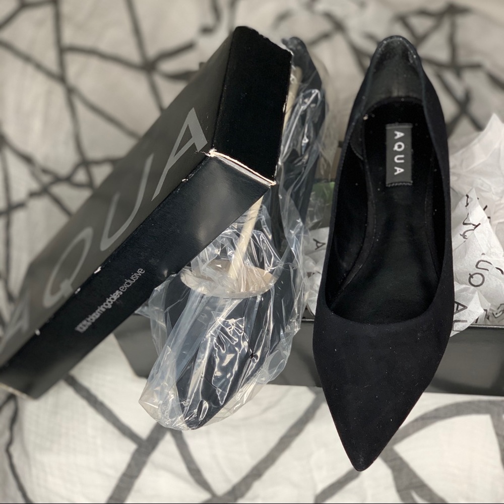 NWT -New in box; AQUA suede pointed flats.” US 9.5